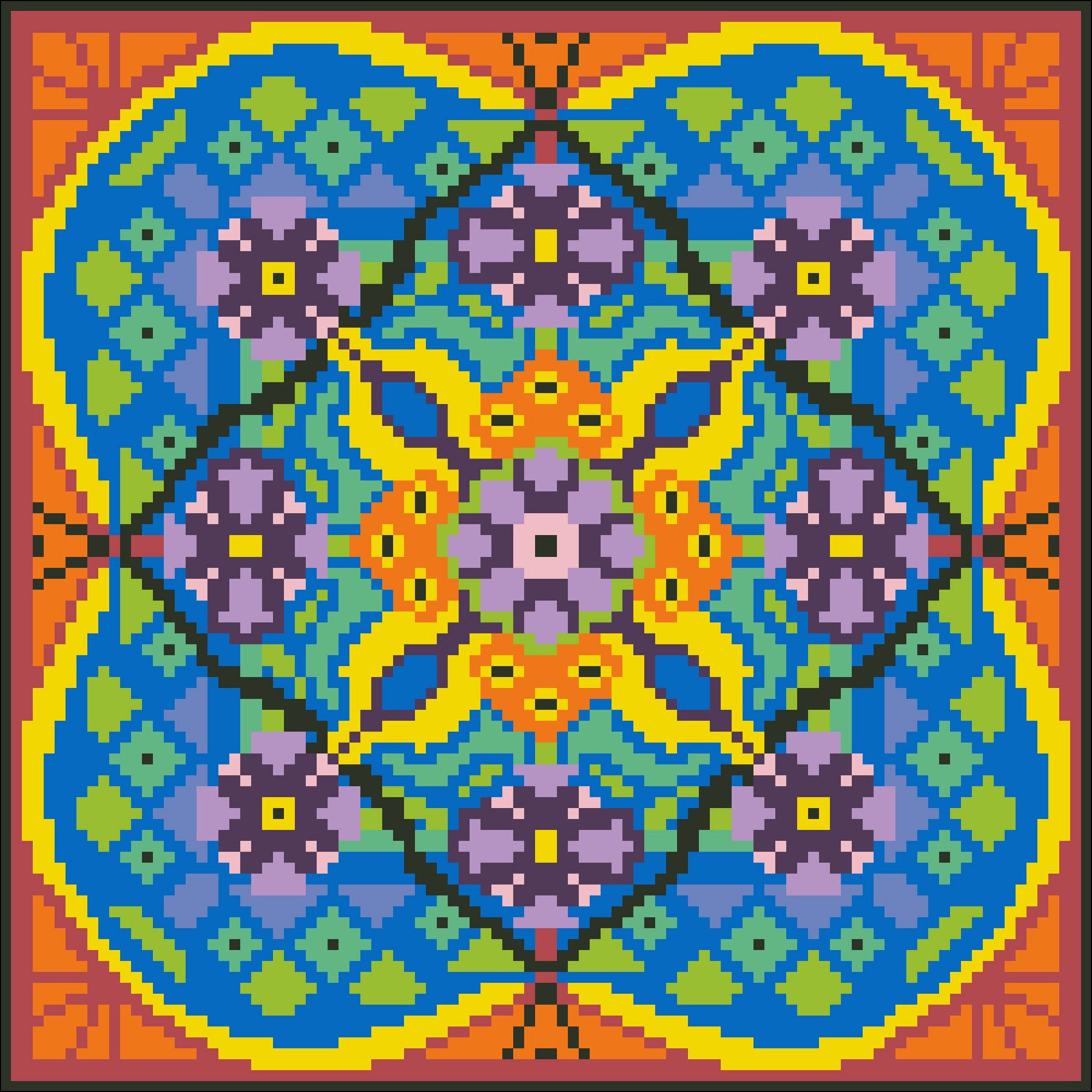 Borduurpakket oranje/blauw/zwart 22x22cm.