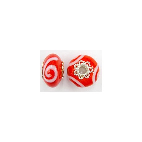 Pandorastyle 18mm rood/wit verzilverde kap