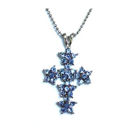 Kruis 40mm met blauwe strass en 40cm ketting