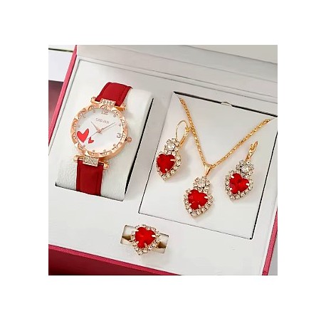 Horloge (quartz) en sieraden set rood