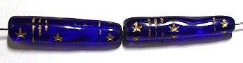 Vintage paaltje 29x6mm blauw glas met goud  5st.