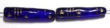 Vintage paaltje 29x6mm blauw glas met goud  5st.