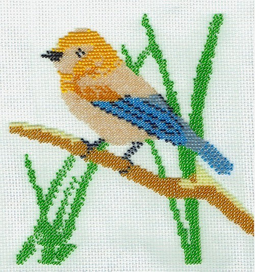 Borduurpakket vogel geel/blauw 18x18cm.