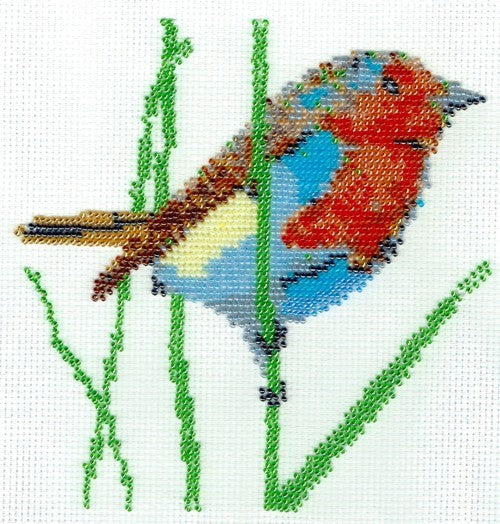 Borduurpakket vogel oranje/blauw/bruin 18x18cm.