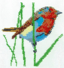 Borduurpakket vogel oranje/blauw/bruin 18x18cm.
