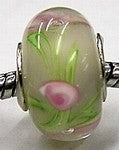 Pandorastyle kraal wit rose stippen/groen strepen