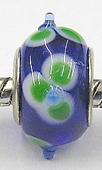 Pandorastyle kraal blauw met groene bloemen