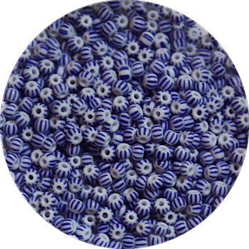 Rocailles 9/0 blauw/wit gestreept  25gr.