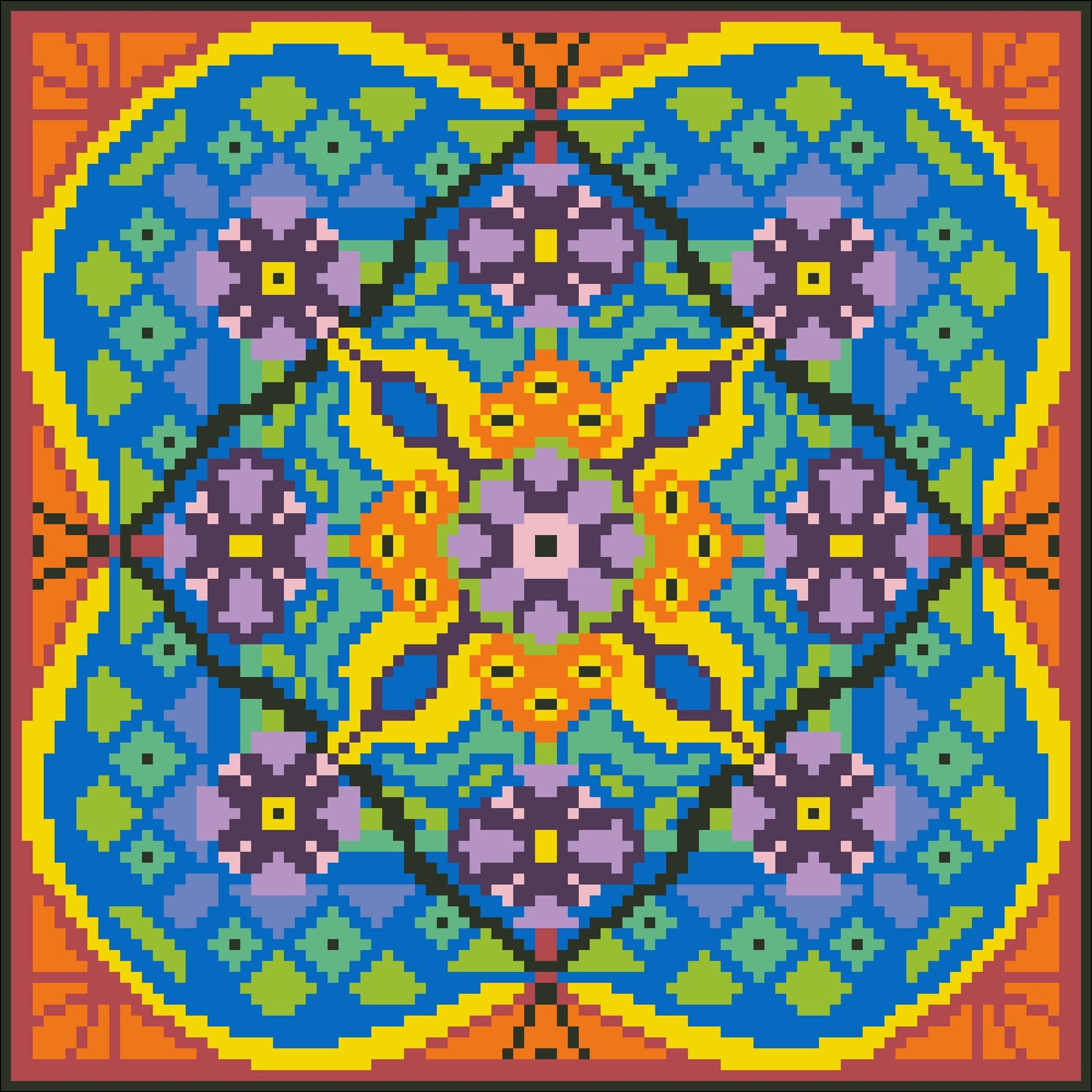 Borduurpakket oranje/blauw/zwart 22x22cm.
