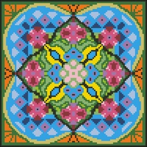 Borduurpakket rose/oranje/blauw 22x22cm.