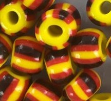Rocailles 4x6mm geel / rood/zwarte strepen 25gram