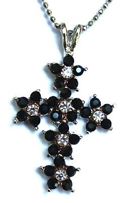 Kruis 40mm met zwart/transp. strass en 40cmketting