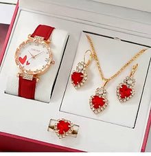 Horloge (quartz) en sieraden set rood