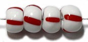 Glaskralen 5x7mm wit met rode streep 50gram