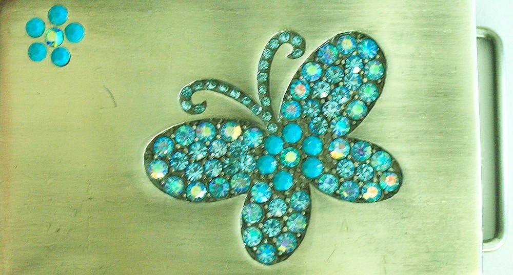 Swarovski riemgesp 5x8,5cm vlinder aqua/blauw voor 4cm riem